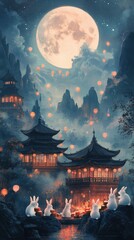 Fototapeta premium Rabbit Festival with Lanterns and Mooncakes by the Mountains