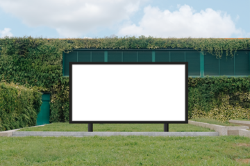 Mock up template: Horizontal billboard out of home (OOH) advertising poster on grass, against background of lush plant wall of building. Bright day, blue sky with clouds. Transparent png file