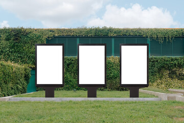 Vertical mock up template: 3 out of home (OOH) advertising billboard posters on grass, against background of lush plant wall of building. Bright day, blue sky with clouds. Transparent png file.