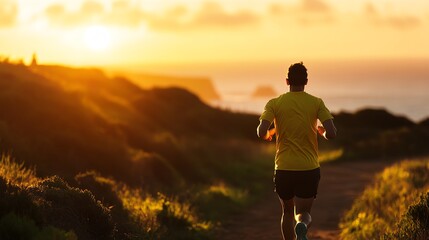 A solitary runner jogs along a scenic coastal trail at sunset, capturing the essence of freedom and fitness in nature.