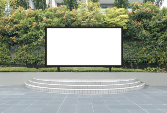 Mock up template: Horizontal billboard out of home (OOH) advertising poster on sidewalk, against background of lush plants. Poster frame is installed on concrete stage with steps. Transparent png file - Powered by Adobe