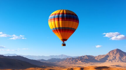 Obraz premium A vibrant hot air balloon soaring above stunning desert landscapes under a clear blue sky, creating a breathtaking scene.