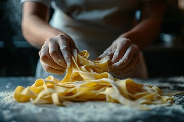 Female chef making fresh pasta dough on a flour-covered table, close-up food photography