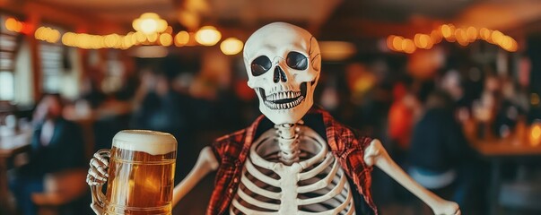 A skeleton in a traditional Oktoberfest outfit, dancing with a beer stein, skeleton, dancing, beer stein