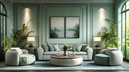 A stylish living room featuring a light color palette, modern furniture, and greenery.