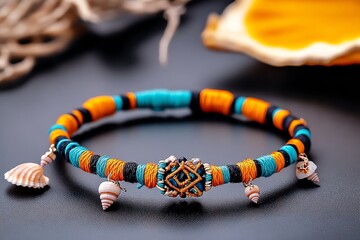 A handmade bracelet woven with colorful threads, featuring sea stones and tiny shells strung together for a carefree, bohemian look