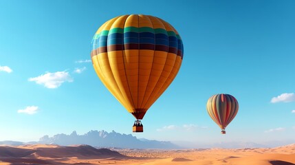 Obraz premium Colorful hot air balloons soaring above a vast desert landscape under a clear blue sky.