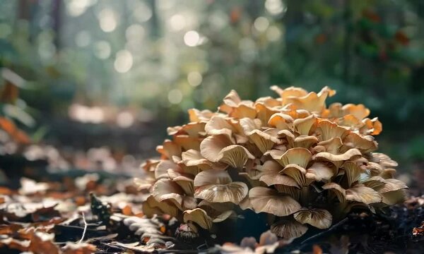 Cluster of maitake mushrooms in serene woodland, Video