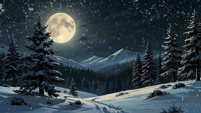 snowfall in the forest at night full moon, winter. seamless looping 4k video background animation