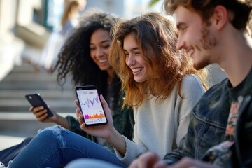Fototapeta premium Gen Z client customizing a financial dashboard on their phone â€“ Tailored investment strategies and spending insights at their fingertips, highlighting empowerment through digital tools, fintech