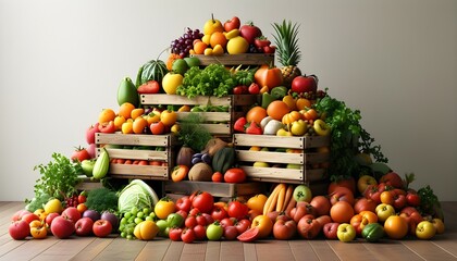 Vibrant pyramid of wooden crates brimming with fresh fruits and vegetables against a minimalistic backdrop