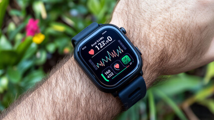 Focused shot of a wrist with a smartwatch showing heart rate and health metrics