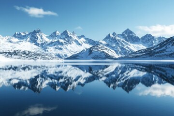 Snow-capped mountain range reflected in a still lake