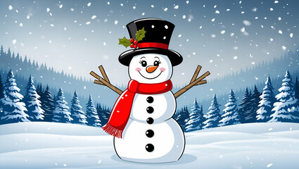 Obraz premium Happy snowman standing in Christmas landscape. Snow Winter copy space background/ snowman and Christmas trees 
