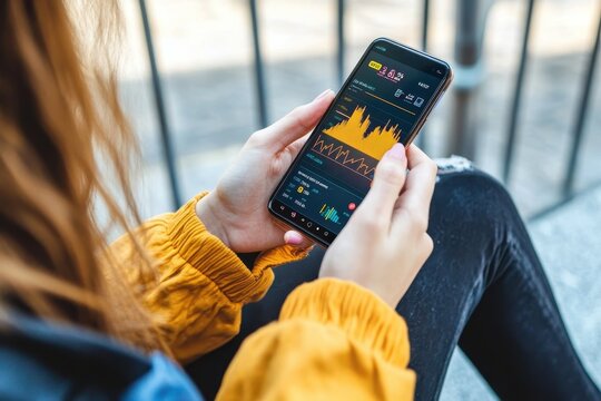 Close-up of a mobile app tracking Gen Z clientâ€™s financial milestones â€“ Graphs showing progress towards goals like buying a car or paying off student loans, digital empowerment, trust in financial