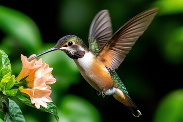 Fototapeta premium A hummingbird hovering beside a flower, its wings beating rapidly as it drinks nectar with its long beak