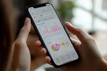 Close-up of spending insights on a mobile app with clear, simple charts â€“ Gen Z client reviewing daily expenses, promoting responsible spending and budgeting, fintech empowerment
