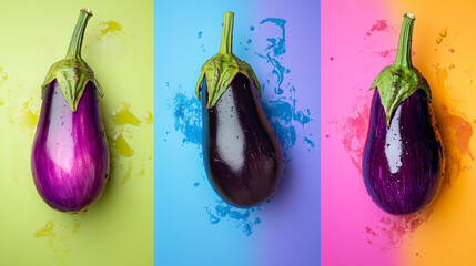 A collage of three eggplants placed on bright fluorescent backgrounds in different colors: green,...