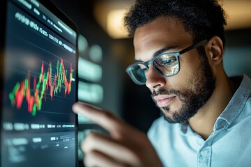 Young client customizing their investment portfolio using a tablet app â€“ Setting filters for risk and sustainability, showing empowerment and personalization, fintech innovation
