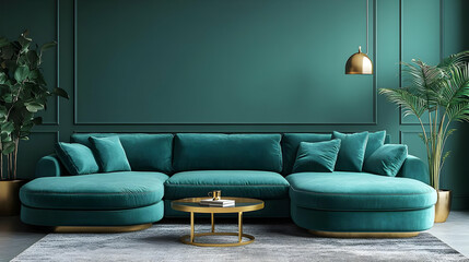 A stylish teal sectional sofa in a modern living room with decorative plants and lighting.