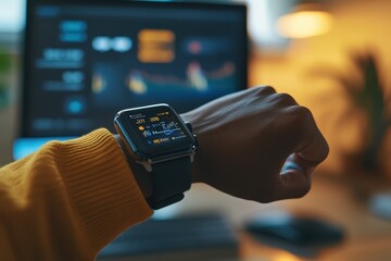Young Gen Z client checking their investment portfolio on a smartwatch &acirc;&euro;&ldquo; Seamless integration of digital tools for accessible financial guidance and updates, financial empowerment, modern finance