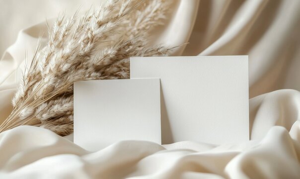 Minimalistic mockup of two blank white A5 cards placed on elegant fabric background with dried flowers, perfect for wedding invitations and design presentations