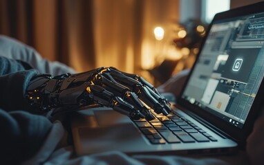 A person with a prosthetic hand typing on a laptop at night with a futuristic design