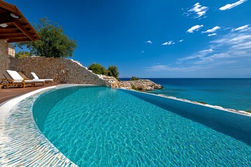 Obraz premium A luxurious resort pool overlooking the Aegean, with infinity edges that blend seamlessly with the blue of the sea and sky