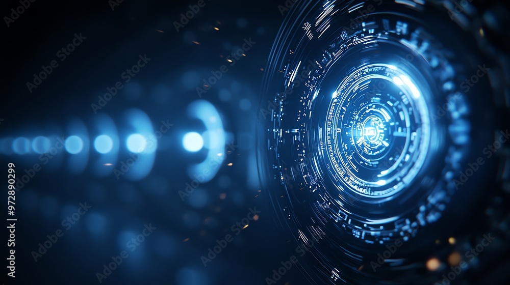 Poster futuristic blue abstract technology design with glowing circles and digital elements, perfect for ba