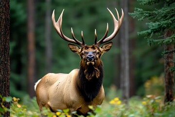 A male elk bugling in the forest, his call echoing through the trees as he asserts dominance during mating season
