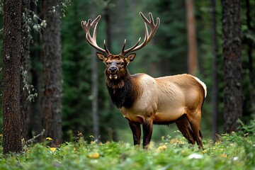 A male elk bugling in the forest, his call echoing through the trees as he asserts dominance during mating season