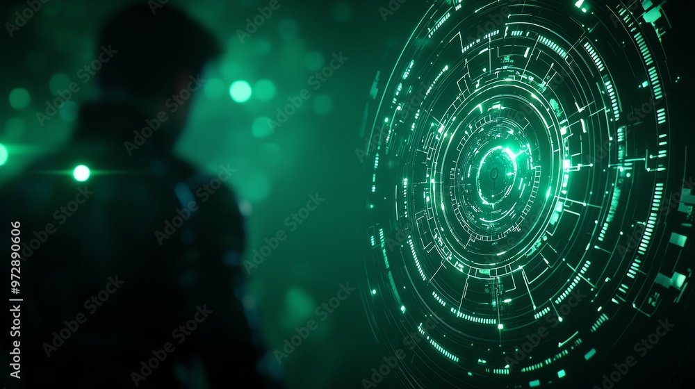 Poster a mysterious figure interacts with luminous, futuristic technology, creating an engaging and immersi