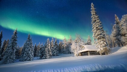  Enchanting Northern Lights Over Snowy Cabin at dark winter nights