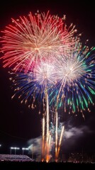 A fireworks display over a baseball stadium with festival music playing, fireworks, baseball stadium, festival