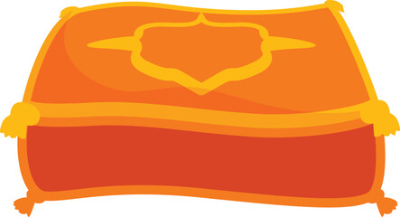 Small orange magic carpet floating in the air with gold tassels at the corners