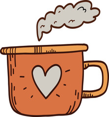 Hand drawn doodles, coffee cup, tea cup, mug with heart. Chocolate, hot drink, warming. Vector illustration, doodle