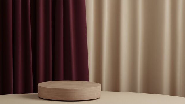The 3D-rendered wooden pedestal sits against a beige background, with a rich burgundy curtain providing an elegant contrast. Soft, diffuse lighting enhances the minimalist scene.