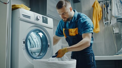 A man in overalls and gloves is loading clothes into a washing machine.