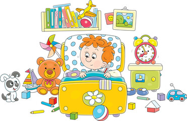 Fototapeta premium Sick little boy with a thermometer in his armpit lying in a bed and talking to a cheerful small puppy in a nursery room with funny toys and books, vector cartoon illustration on a white background