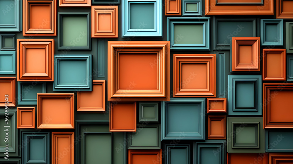 Poster a vibrant arrangement of empty picture frames in various colors and sizes on a wall.