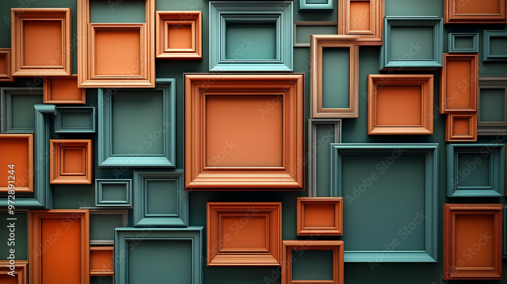 Poster a vibrant arrangement of empty picture frames in various colors and sizes on a wall.