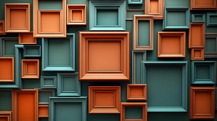 A vibrant arrangement of empty picture frames in various colors and sizes on a wall.