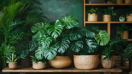 A vibrant arrangement of various indoor plants in woven pots against a green backdrop.
