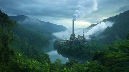 Fototapeta premium Industrial Complex in a Lush Valley.