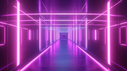 A futuristic, brightly lit corridor with pink and blue neon lights.