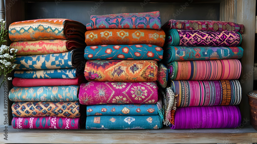 Poster a vibrant display of folded textiles showcasing intricate patterns and colors.