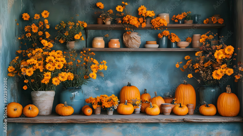 Wall mural a vibrant display of pumpkins and flowers on shelves, celebrating autumn's beauty.