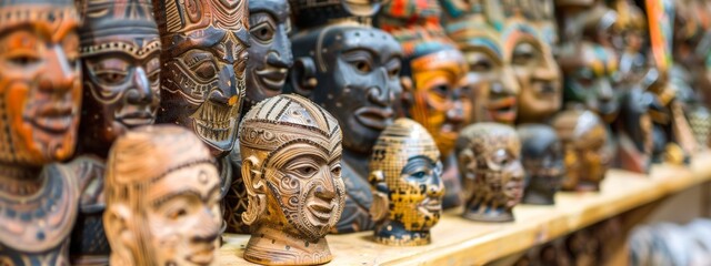 Fototapeta premium Hand-carved tribal masks in a traditional market