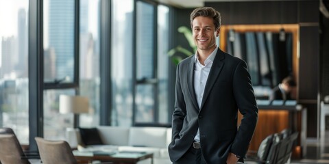 Fototapeta premium A cheerful businessman in a suit standing confidently in a modern office, exuding elegance and professionalism.