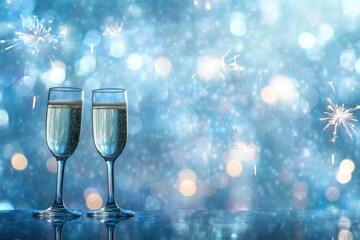 Two Champagne Flutes with Sparkling Lights and Bokeh Background